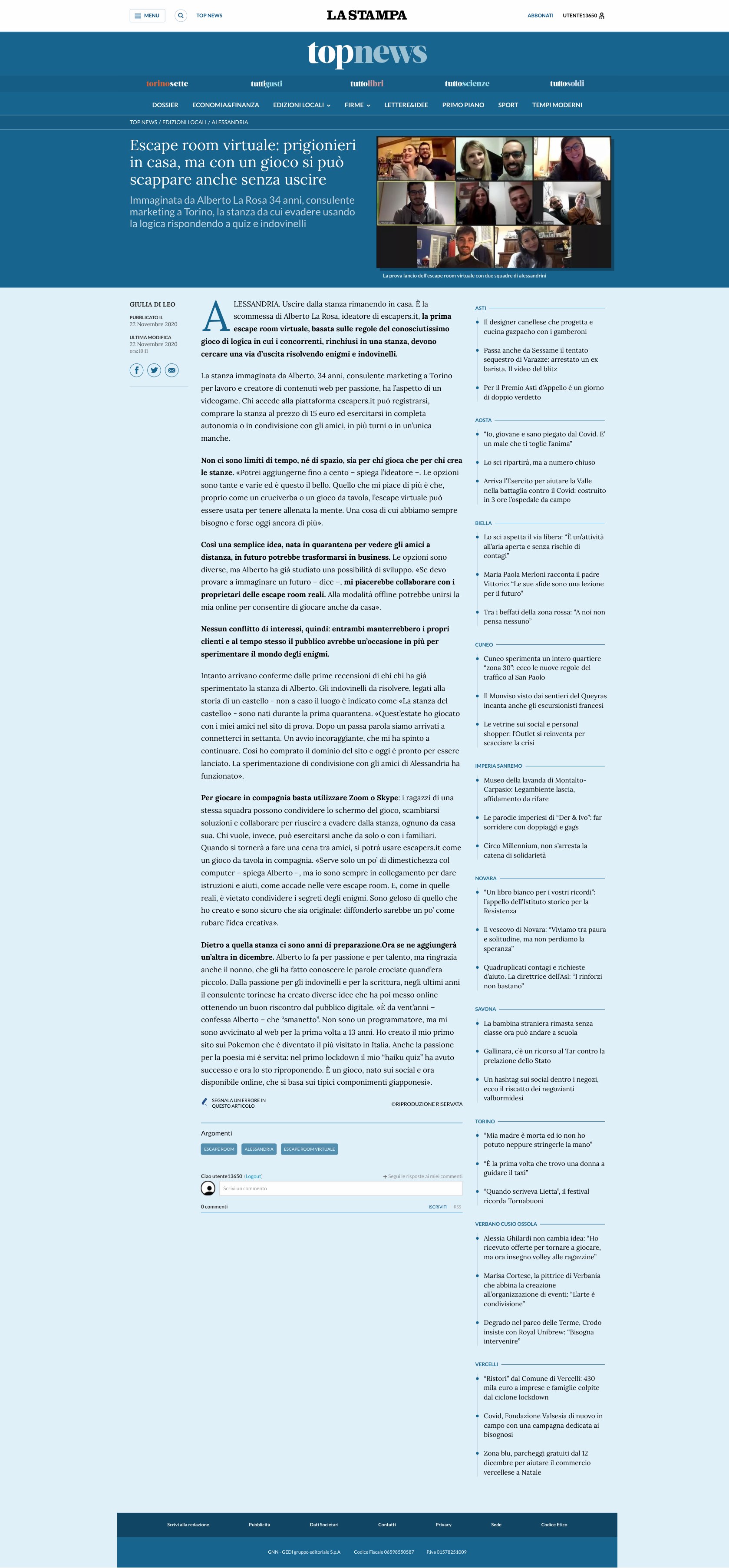 L'articolo integrale de La Stampa online del 22 novembre 2020 dedicato a escapers.it
